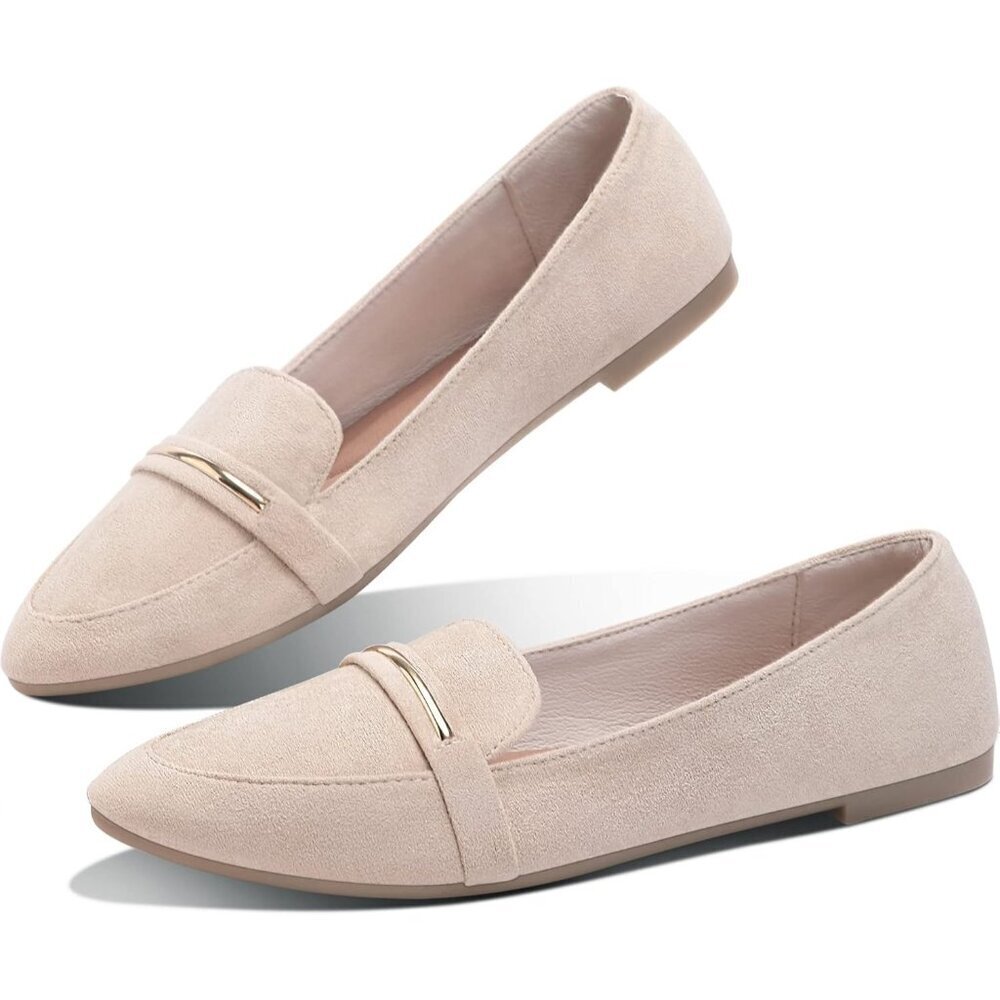 Obtaom Women's Beige1 Faux Leather Pointed Toe Slip On Loafer Ballet Flat Shoes